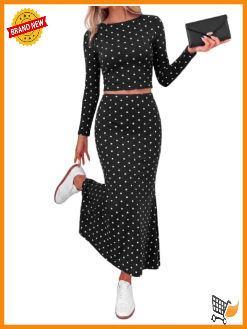 Women's 2 Piece Skirt Set Long Sleeve Crop Top Maxi Skirt Polka Dot